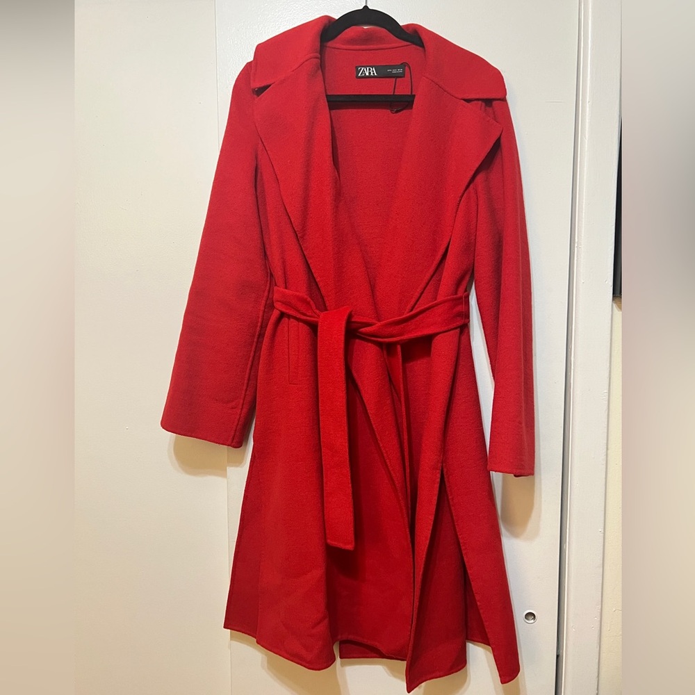 Zara Wool Blend Belted Coat Red Size S